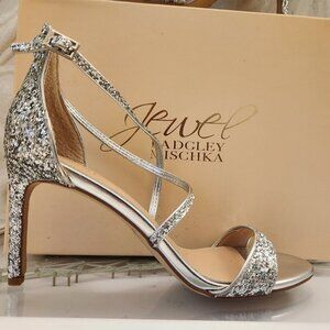 Jewel Badgley Mischka Dimitra Heeled Sandals Silver Glitter. Size Various. NIB